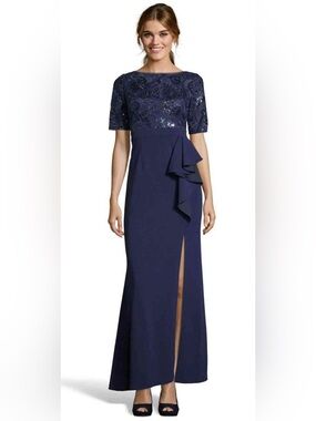 Adrianna Papell Navy Sequined Bodice Evening Gown with Side Ruffle